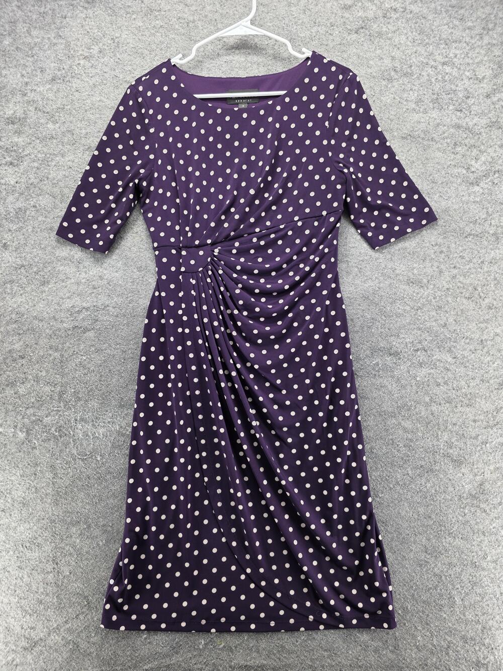 Connected Apparel Dress Womens 8 Purple Polka Dot Ruched Sheath Knee Length